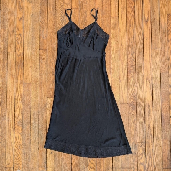 Vintage 50's 60's Black Bias Cut Lace Trim Slip Dress - Picture 1 of 8